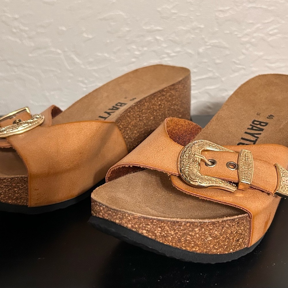 Bayton Tan Leather Wedge Slide Sandals with Decorative Gold Buckle NWOT